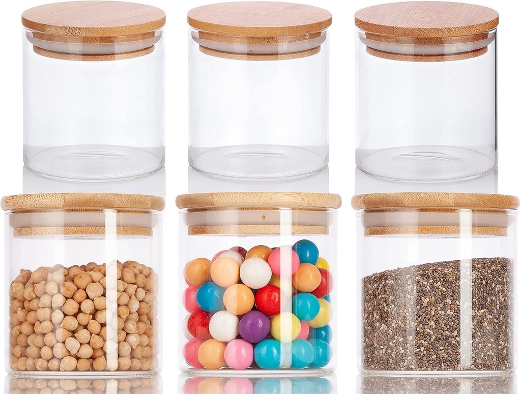 JUVITUS 10 oz Clear Glass Borosilicate Jar with Bamboo Silicone Sealed Lid (6 Pack) Nuts Spice or Kitchen Storage