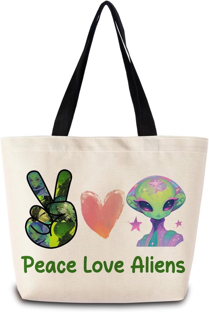Peace Love Aliens Tote Bag Reusable Grocery Bags Aesthetic Shopping Shoulder Handbag with Interior Zipper Pocket Stylish Peace Love Aliens Present for UFO Lovers Women