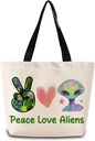 Peace Love Aliens Tote Bag Reusable Grocery Bags Aesthetic Shopping Shoulder Handbag with Interior Zipper Pocket Stylish Peace Love Aliens Present for UFO Lovers Women