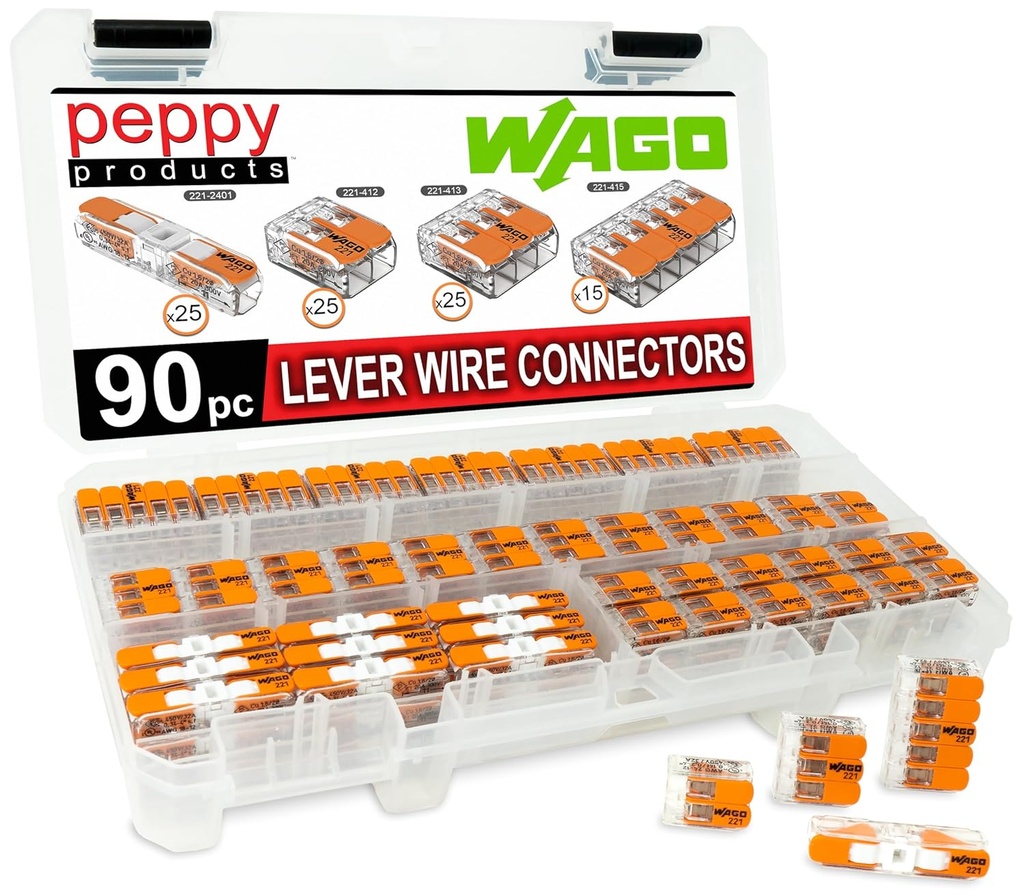 WAGO 221 Lever Nuts 90pc Compact Splicing Wire Connector Assortment with Case. Includes 221-2401, 221-412, 221-413, 221-415
