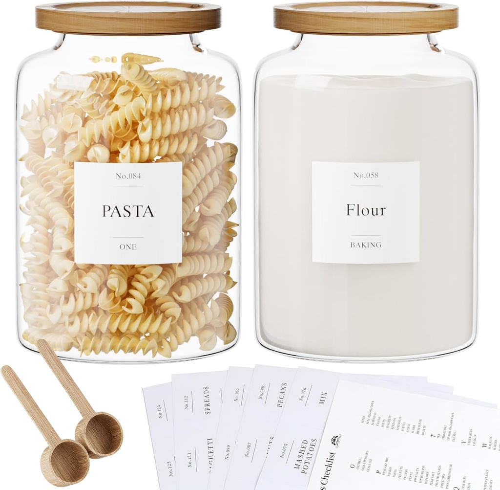 Yirilan 2 PCS Flour Sugar Storage Containers Glass Jar, 4000ml/1 Gallon/4.2 Qt/135oz,Large Glass Food Storage Jars with Wood Airtight Lids,for Tea,Spice,Cereal Rice Flour Pasta Sugar