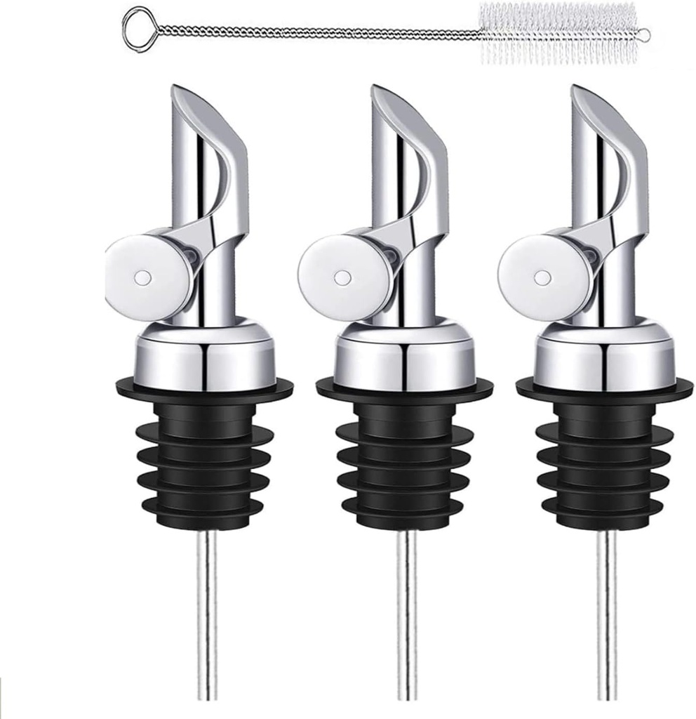 3 Pcs Olive Oil Dispenser, Weighted Stainless Steel Alcohol Pourer Spouts, Auto Flip Feature Liquor Pour Spouts for Olive Oil, Liquid Vinegar (Silver)