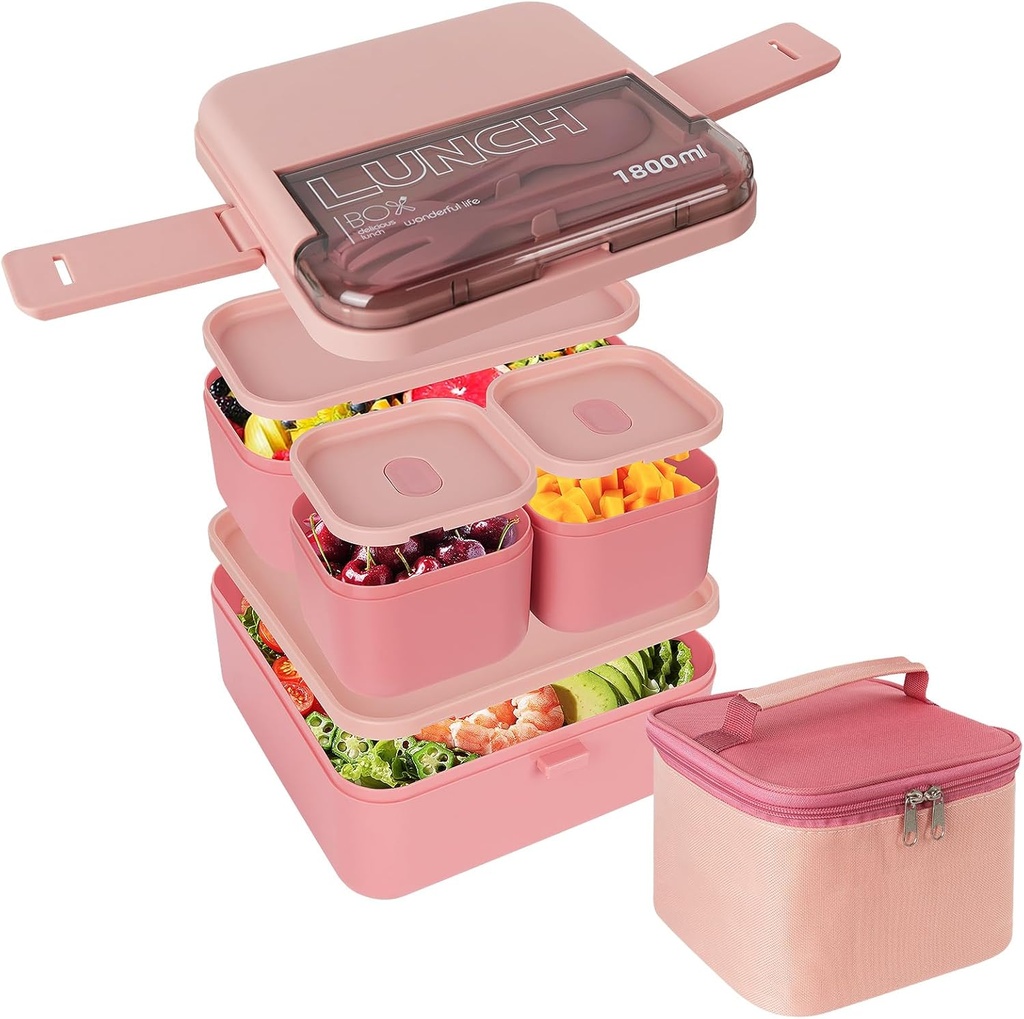 Linkidea Bento Box with Lunch Bag, Reusable Food Container with 2 Layers Multi Compartment and Flatware, Storage Box with Leak-Proof Lids Safe in Microwave/Dishwasher/Freezer (1800ML, Pink)