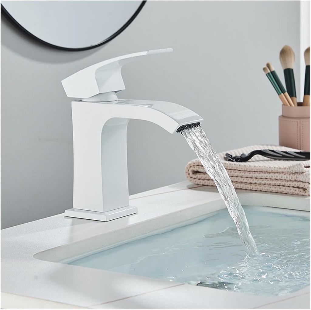 Chrome Bathroom Basin Faucet Waterfall Countertop Mount Countertop Mount Single Handle Hot and Cold Faucet Short Vessel Sink Crane (Color : White)