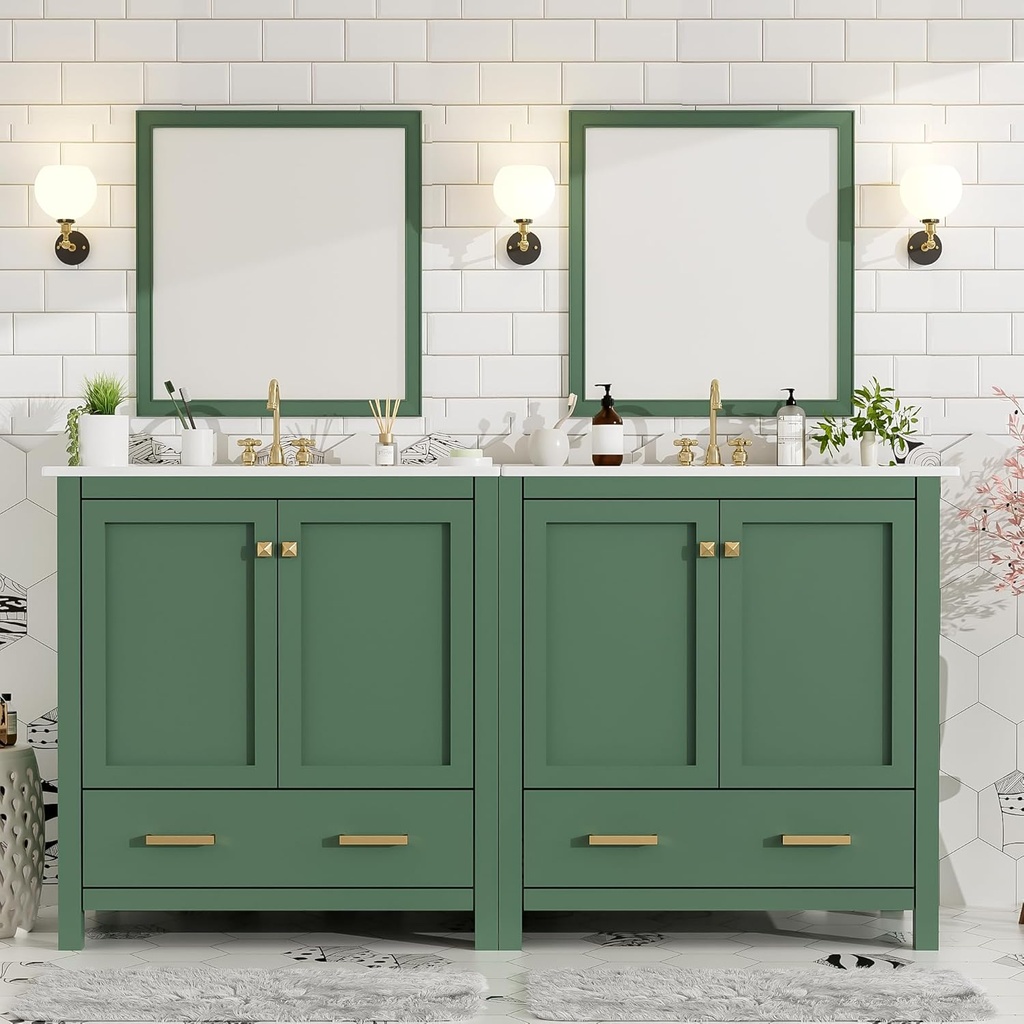 60" Double Sink Bathroom Vanity with Double Sink Set, Wood Modern Bathroom Vanity with Double Sink,Drawers and Doors,(Mirror not Included) (Green)