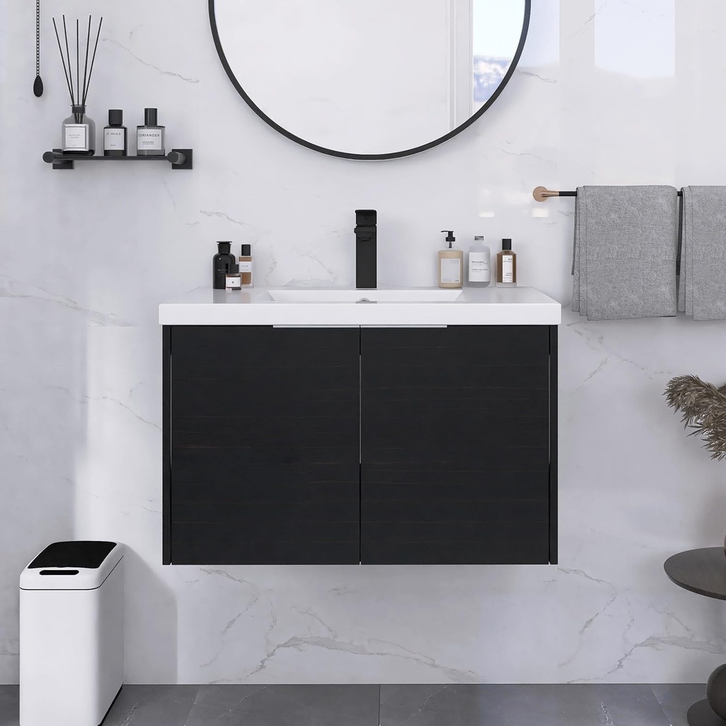 Generic Single Sink Bathroom Vanity Combo, 30"" Bathroom Vanity with Sink, 30 Inch Floating Bathroom Vanity, Mordern Bathroom Vanity, Black Wall Mounted Cabinet Set, DRGHQJ00630BCT