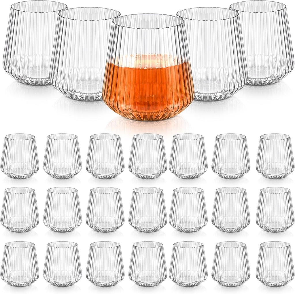 Denylo pro 25 Pcs 14 OZ Plastic Ribbed Wine Glasses Disposable Clear Wine Glasses Recyclable Shatterproof Reusable Plastic Cups for Party Home Bars Wedding Tasting Favors