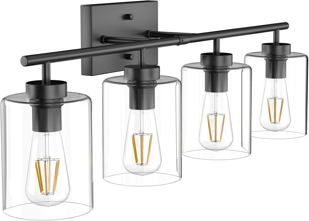 Aipsun 4 Lights Black Bathroom Vanity Light Over Mirror with Clear Glass Shades Industrial Bathroom Light Fixtures (Exclude Bulb)