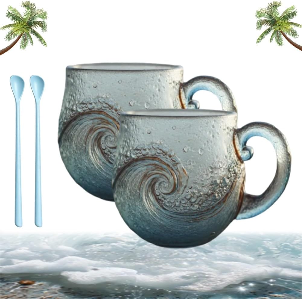 Sea Glass Wave Mug, 12 Oz Handcrafted Ocean Wave Glass Mug Cup, Unique Waves Shape Design Beach Drinkware for Coffee Wine Ice Drink, Sea Waves Mugs Gift for Ocean Coastal Decor Lovers Fans(2PCS)