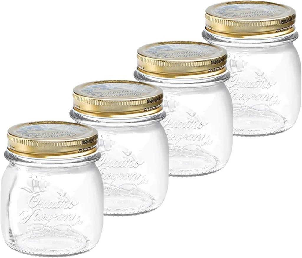 Bormioli Rocco Quattro Stagioni set of 4 Clear Airtight Mason Jars, 8.5 Oz. Made from BPA Free Durable Glass, Made In Italy.