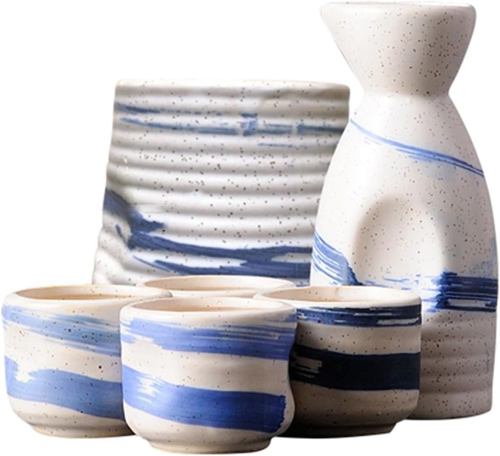 6 Piece Home Sake Set with Warmer Sake Glass Set, Japanese Vintage Porcelain Food Grade Wine Set for Cold/Warm/Hot Sake/Shochu/Dinner Dish Set F