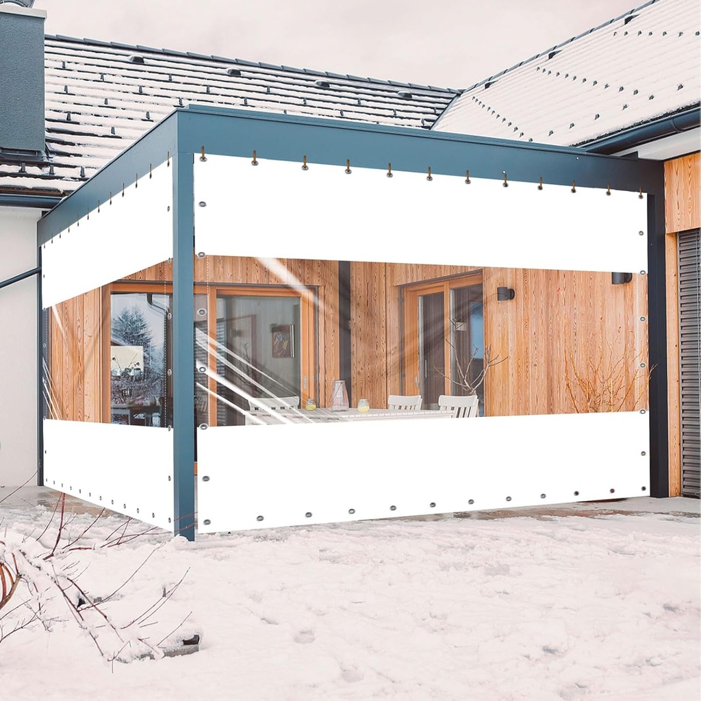 20 Oz Outdoor Vinyl Curtain, Outdoor Clear Panel Curtain, Weather Resistant Outdoor Curtain for Pergola, Porch, Gazebos, with Rustproof Grommets (8'H x 10'W, White)