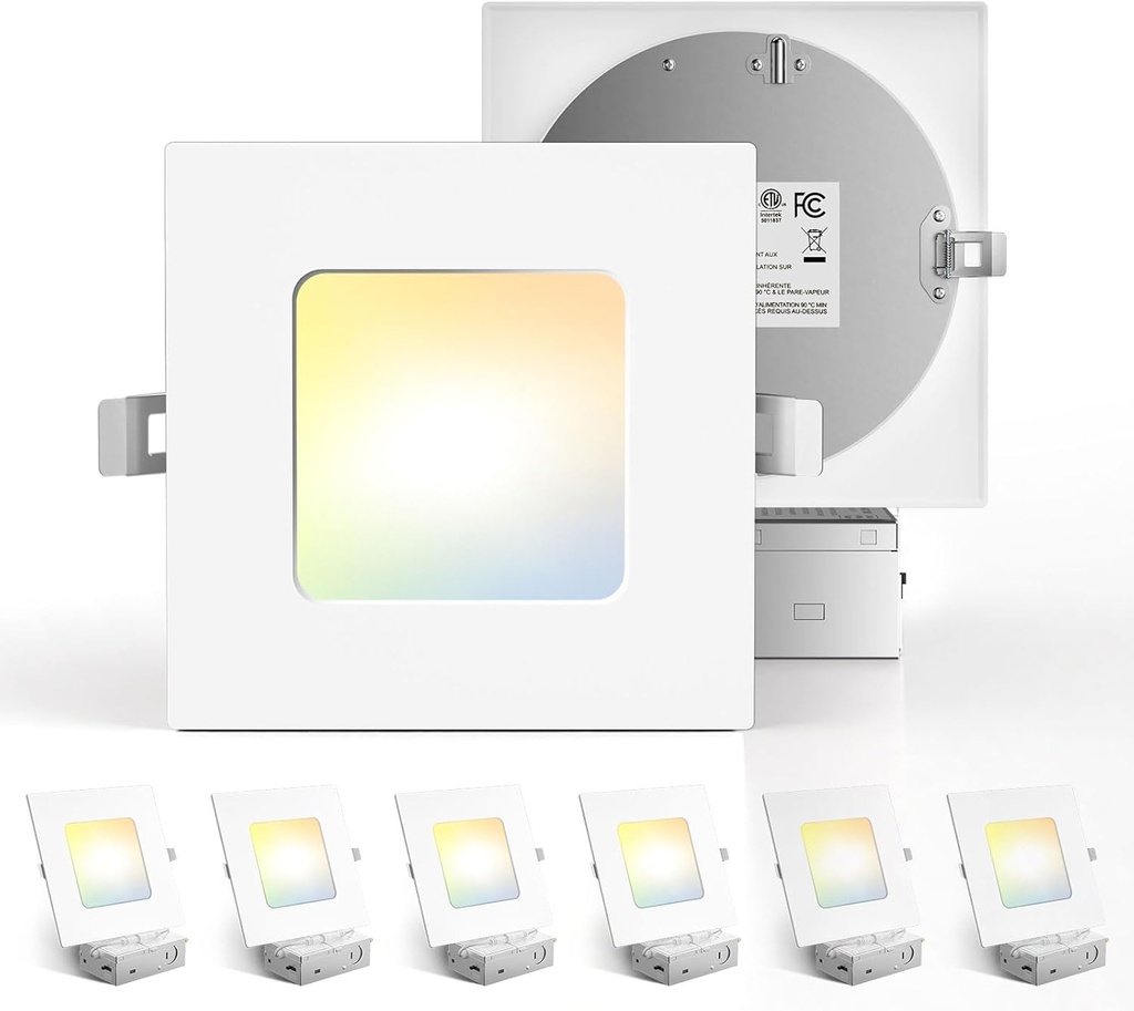 Amico 6 Pack 6 Inch Ultra-Thin LED Square Recessed Light with Junction Box, 5CCT 2700K/3000K/3500K/4000K/5000K Selectable, 1050LM Brightness, Dimmable Canless Wafer Downlight, 12W, ETL&FCC