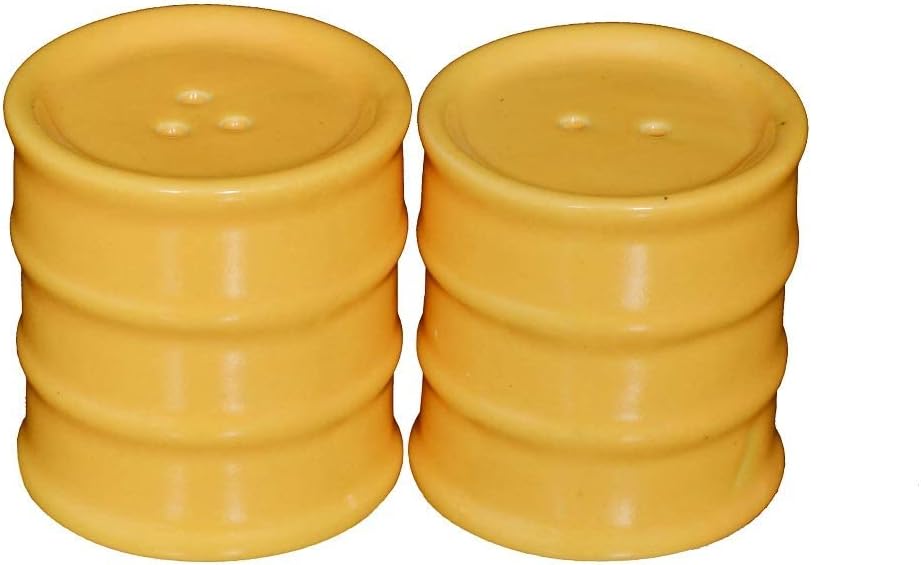 Indian Handcrafted Ceramic Salt and Pepper Shaker/Dispenser Set with Perfect Pour Holes for Kitchen Dining Table Picnic Office Restaurant Hotel (Set of 2) Barrel/Drum Look Yellow