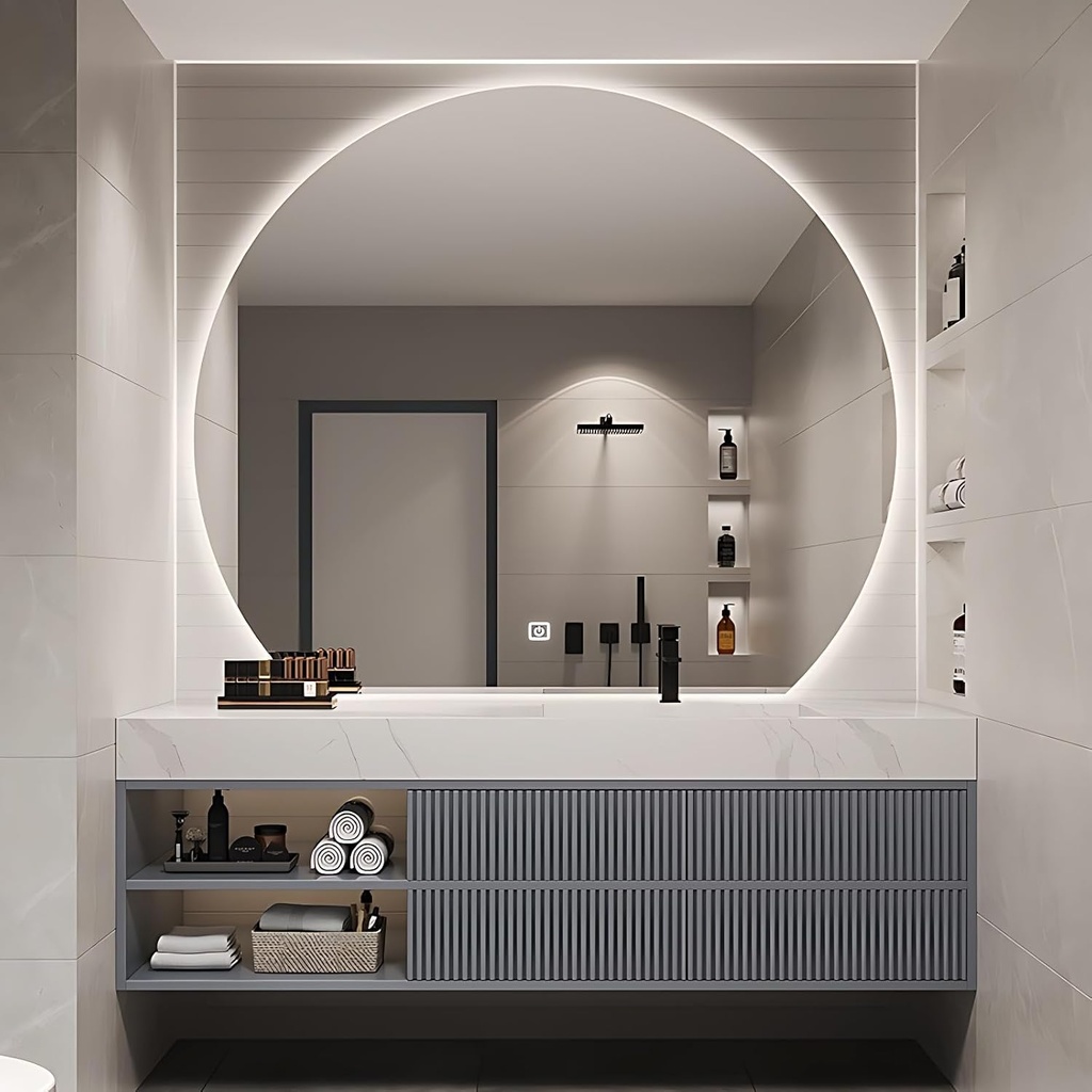 Bathroom Vanity with Sink - Floating Vanity Single Sink Bathroom Vanity Cabinet with LED Anti-Fog Mirror, Solid Wood Frame, Sintered Stone Top, Storage, Faucet and Hardware (Grey, 88")