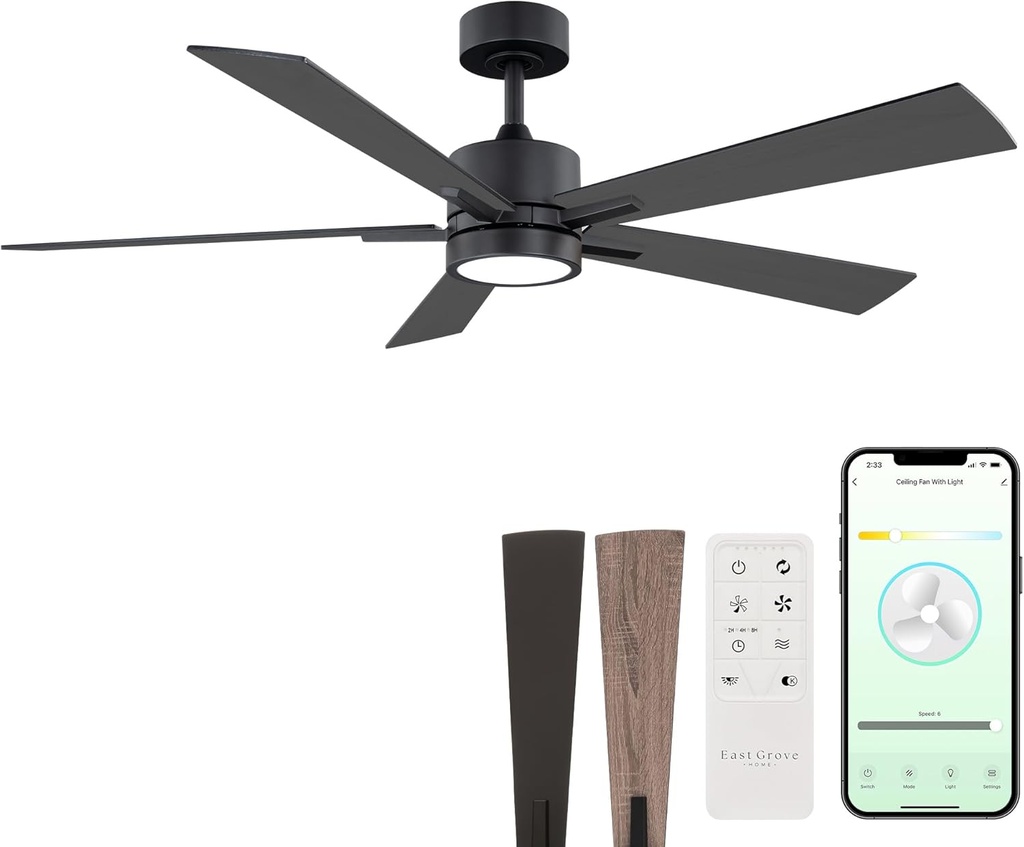 Bali Smart 5-Blade 52in Ceiling Fan 2700K-6000K CCT Selectable LED Light Kit with Remote Control and Black Hardware with Reversible Blades in Weathered Wood or Black Works With iOS or Android App