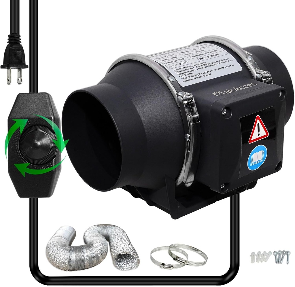 4 Inch Inline Duct Fan with Variable Speed Controller & Pipe,Efficiency Smoke Odor Extraction, Upgrade Motor,Low Noise Ventilation Exhaust Fan for 3D Printers,Laser Engravers,Resin Printers,Grow Tents