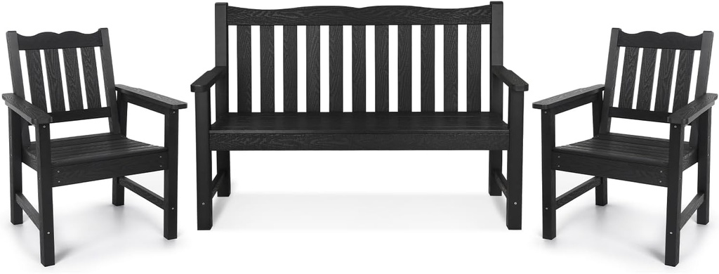 Stoog All-Weather Outdoor Bench & Chairs Set, 3-Piece Patio Furniture Set, Include 1 Garden Bench and 2 Garden Chairs, Never Rot or Fade, Black
