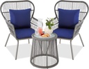 Best Choice Products 3-Piece Patio Conversation Bistro Set, Outdoor All-Weather Wicker Furniture for Porch, Backyard w/ 2 Wide Ergonomic Chairs, Cushions, Glass Top Side Table - Gray/Navy