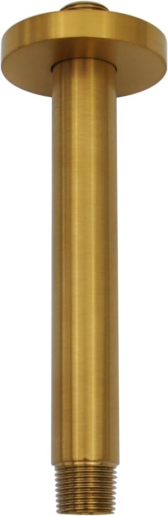 Aquaiaw Shower Arm and O-Ring Flange, 6 inch, Solid Brass, Round, Both Soldered 1/2 NPT Tapered Threads, Straight Shower Arm Extension, Ceiling Shower Head Arm, PVD Brushed Brass (Matte Brushed Gold)