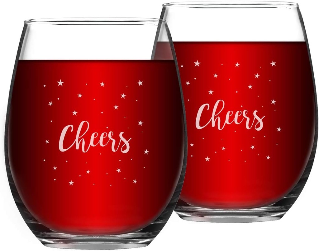 Set of 2 Cheers Christmas Stemless Wine Glasses Set with White Stars, Christmas Wine Glass, Xmas Festival Decoration Gifts for Friends Family Women Men Holiday Celebration Christmas Party, 15 Oz
