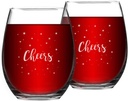 Set of 2 Cheers Christmas Stemless Wine Glasses Set with White Stars, Christmas Wine Glass, Xmas Festival Decoration Gifts for Friends Family Women Men Holiday Celebration Christmas Party, 15 Oz