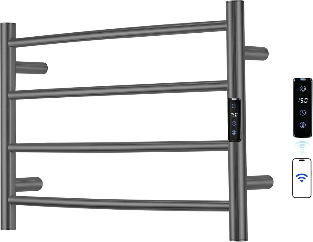 Electric Towel Rack with Voice Control for Alexa & Google Home,TUYA - Wall-Mounted Bathroom Heating Towel Warmer,Plug-in,Stainless Steel Material,16.54x23.62x5.51 in,Gunmetal Grey，4 Bars
