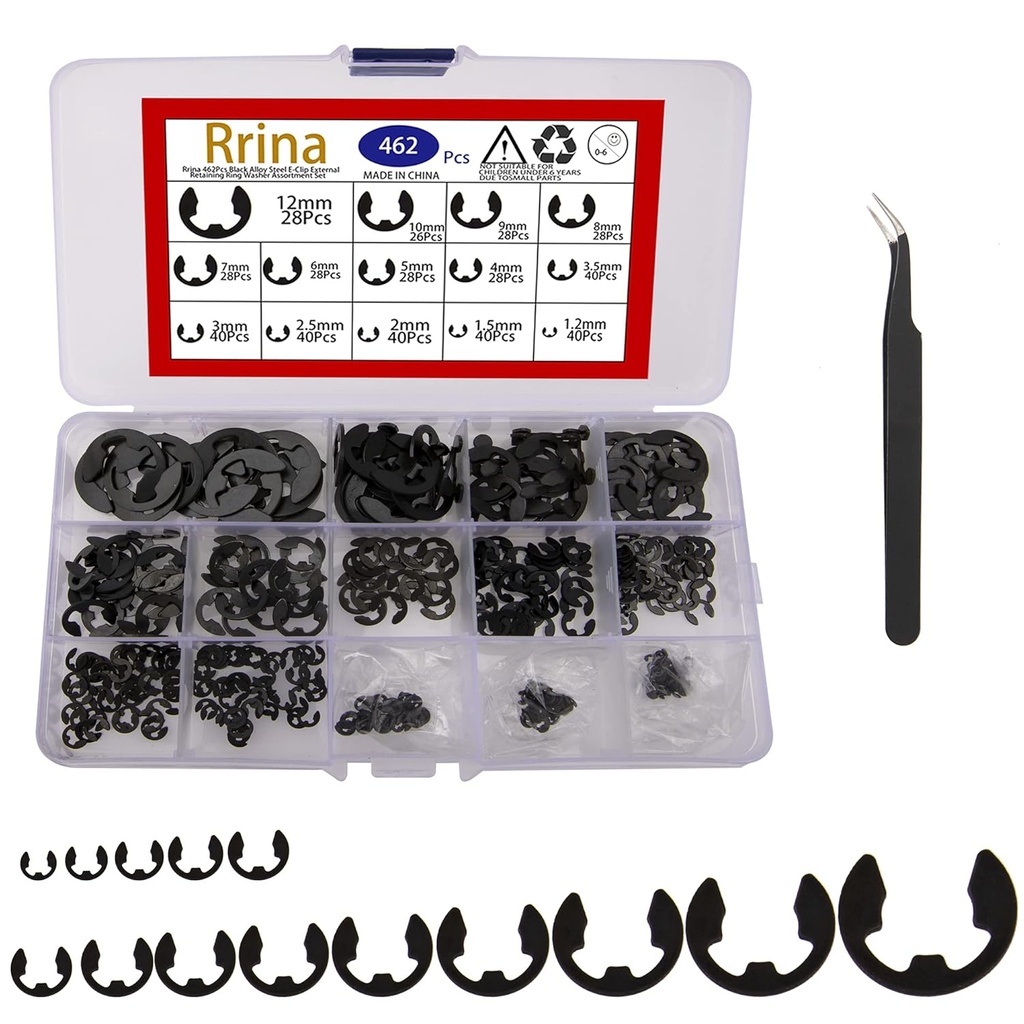 462Pcs Black Alloy Steel E-Clip External Retaining Clamps Ring Washer Circlip Snap Retainer Rings Assortment Kit,14 Sizes(1.2-12mm)