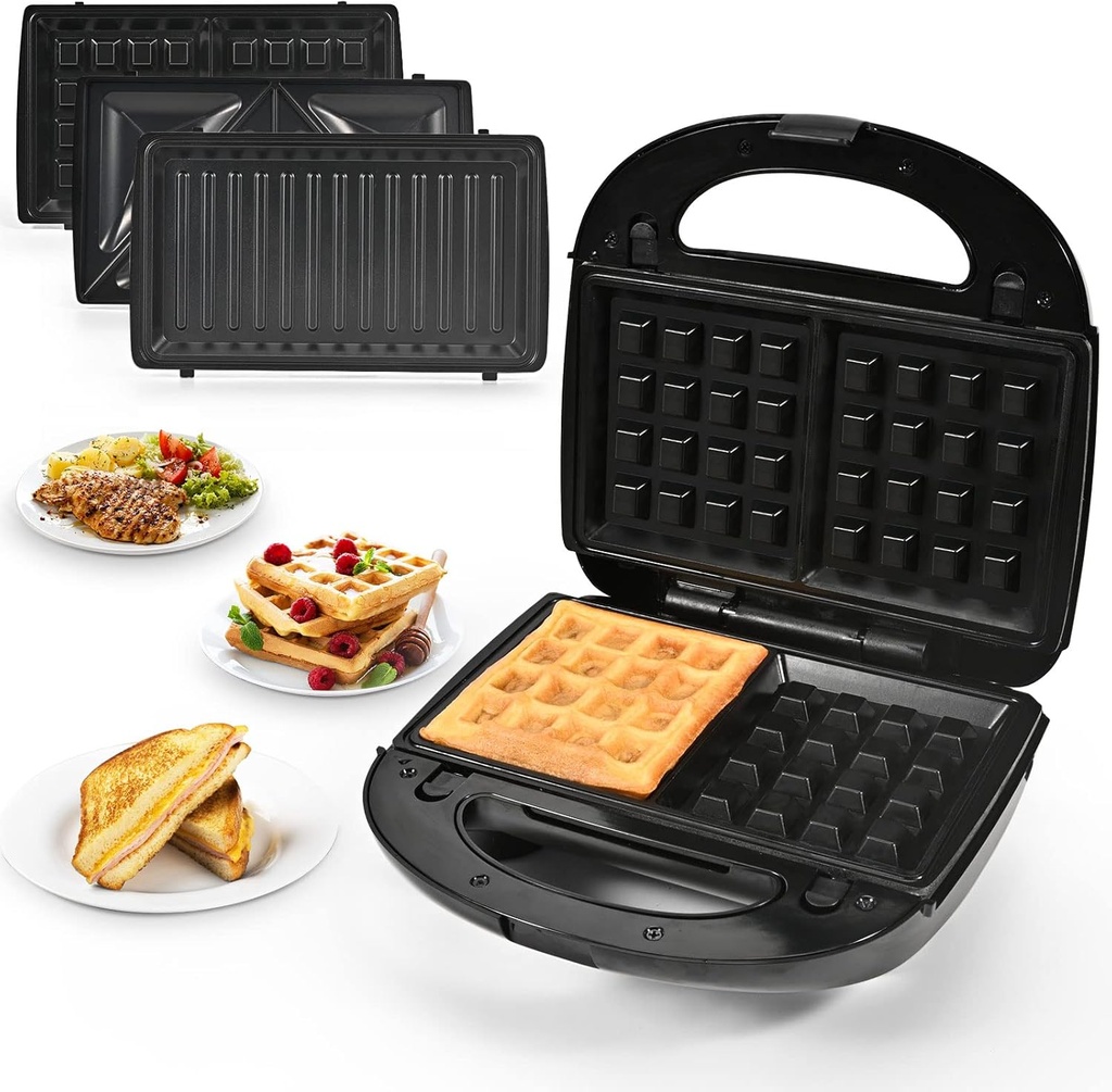 3 in 1 Sandwich Maker, Portable Waffle Iron Maker, Electric Panini Press with Removable Non-Stick Plates LED Indicator Lights, Cool Touch Handle for Breakfast Toaster, Grilled Cheese Bacon and Steak
