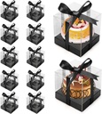 12 Pack Clear Plastic Cupcake Boxes, 3.5 Inch Gold Single Cupcake Containers Disposable Individual Cup Cake Carrier Holder Boxes with Inserts and Ribbon (Black)