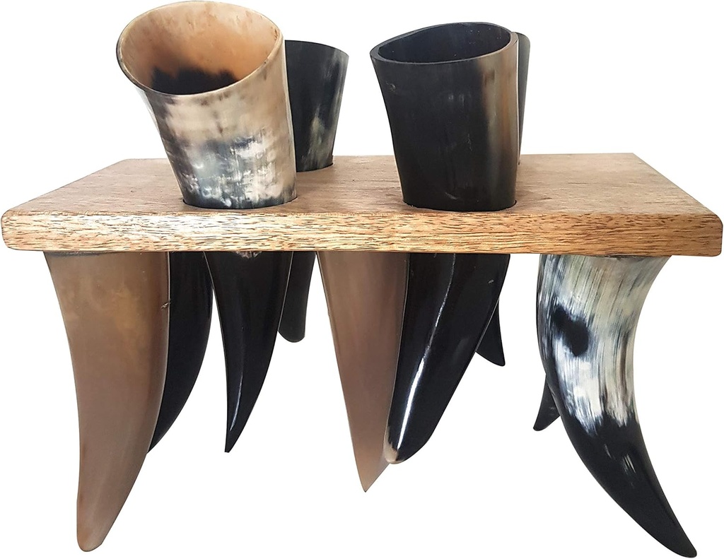 Antique Viking Drinking Horn Set of 4 Mead & Ale Goblets with Wooden Stand Norse Medieval Chalices for Home Bar, Festivals, Parties & Collector Gift