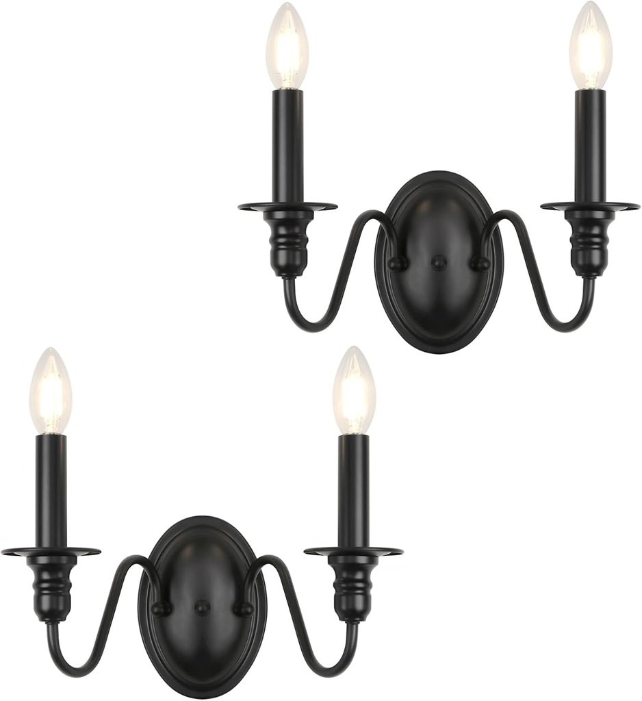 Farmhouse Wall Sconce 2 Pack, Black Wall Sconces Set of Two, Industrial Candle Sconces Wall Lighting, Classic Wall Light Fixtures Indoor for Bedroom Stairs Hallway Living Room Entryway