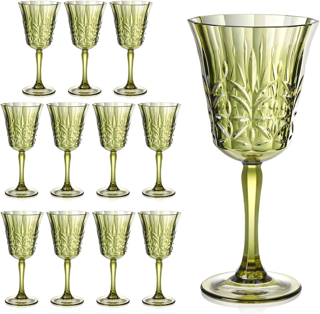 10oz Green Plastic Wine Glasses Goblets Stemmed Wine Glasses Set of 12 Shatterproof and Reusable Crystal Glasses Set for Wedding Reception Grand Event Party Ceremony (12, Green)