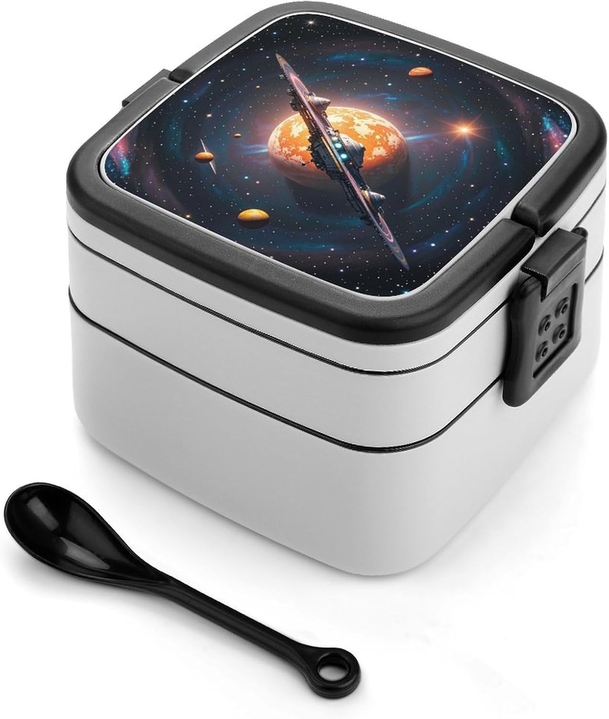 Spaceship Bento Box Leak-Proof Double Layered Lunch Containers with Spoons And Invisible Handle, Portable Lunch Boxes for Work Picnic Travel
