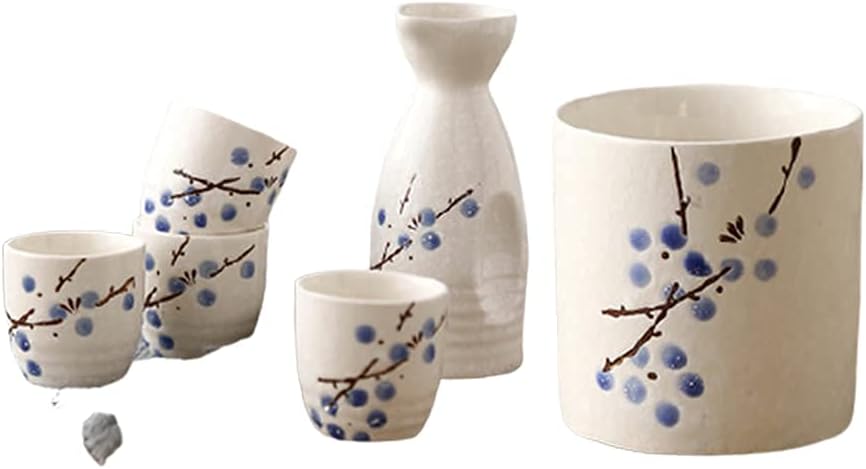 Sake Set Japanese Sake Pot Set Traditional Sake Cup Hand Painted Design Porcelain Pottery Ceramic Crafts Wine Glasses Cups 6 Piece,H,practical