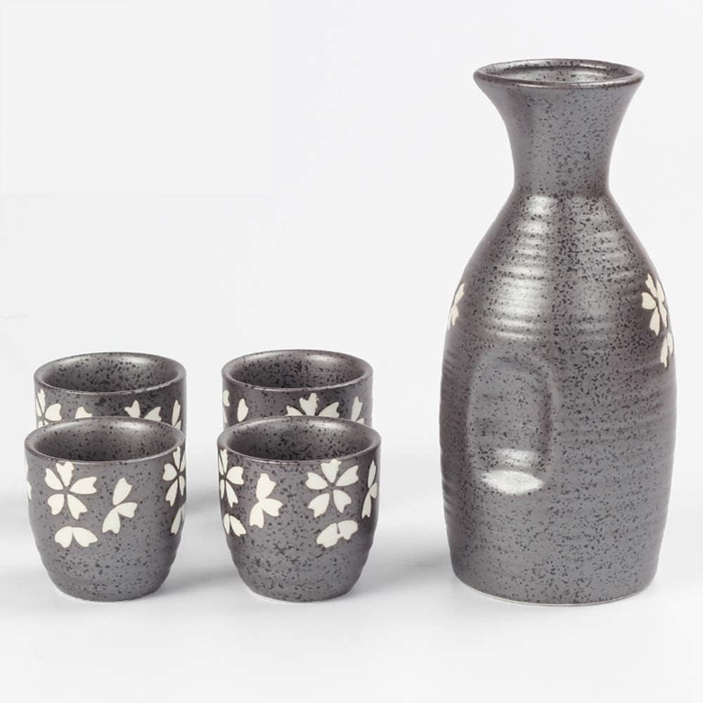 Sake Set Japanese 5 Piece Sake Set, Hand-Painted Cherry Blossoms, 4 Sake Cups,1 Sake Pot GYL24824