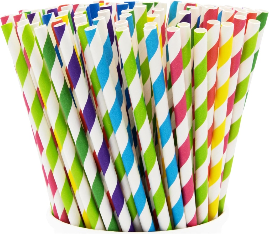 GUSTO [200 Pack] Striped Paper Drinking Straws – Sturdy & Non-Soggy – 100% Biodegradable, Food-Safe Ink, and Multi-Layered for Long-Lasting Use – Vibrant Assorted Colors (Formerly Comfy Package)