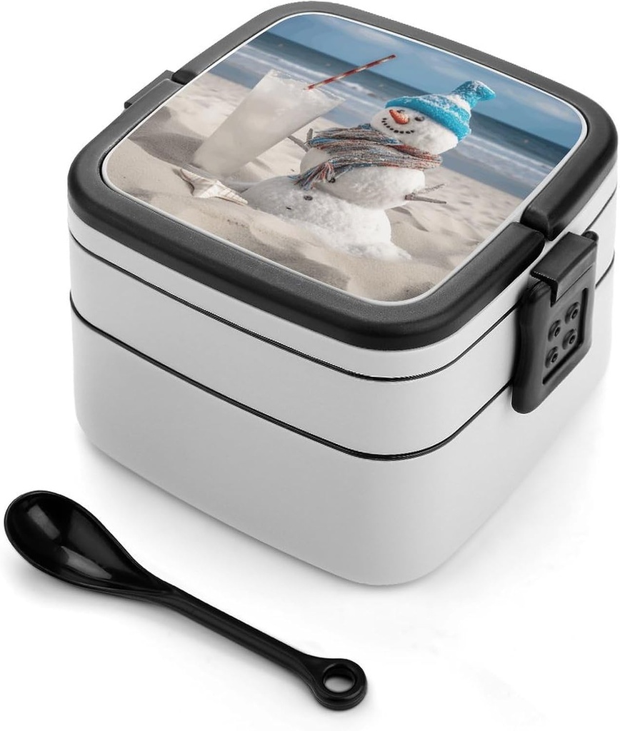 Snowman Bech Bento Box with Spoon, 2-layer Stackable Lunch Box Leak Proof with Invisible Handle, Insulated Food Storage for Office, Picnic & Travel