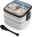 Snowman Bech Bento Box with Spoon, 2-layer Stackable Lunch Box Leak Proof with Invisible Handle, Insulated Food Storage for Office, Picnic & Travel