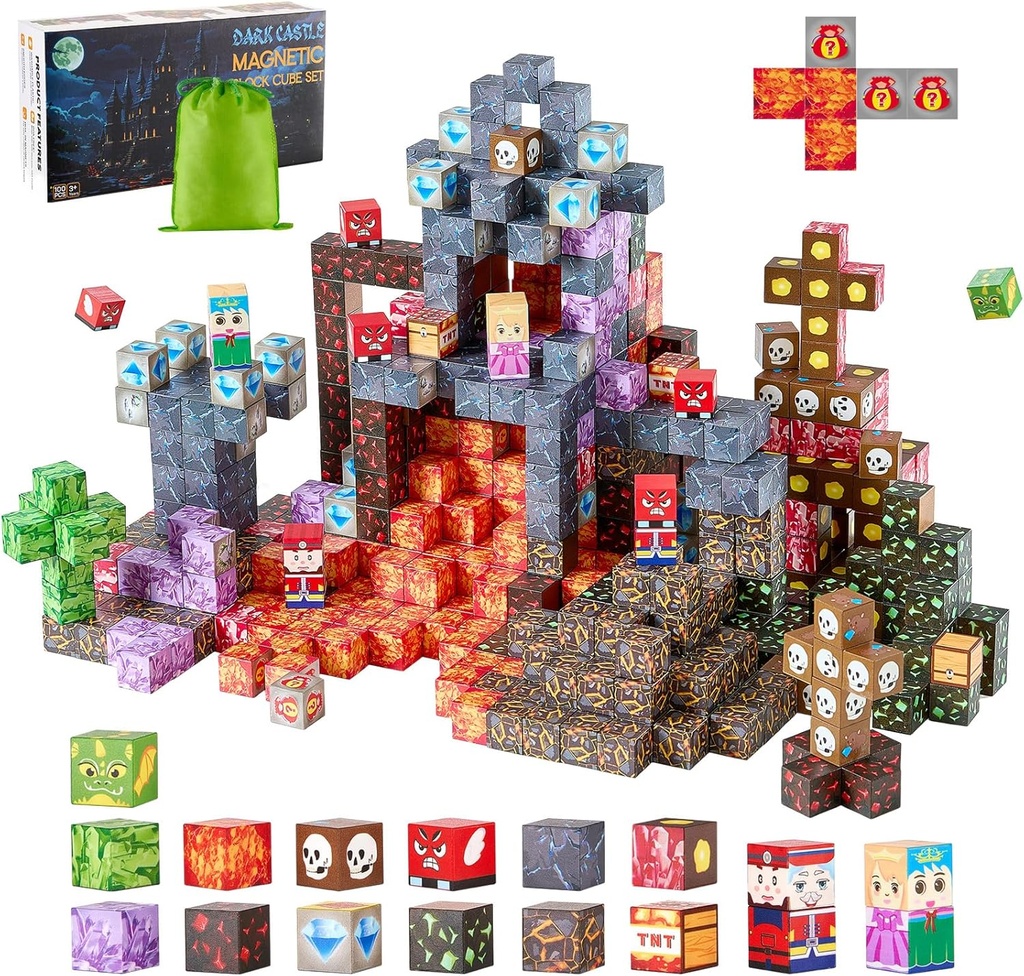 VEVOR Magnetic Blocks, 100 PCS Dark Castle Set, Magnetic Building Cubes for Kids, STEM Montessori Sensory Toys for Christmas Birthday Gift, Construction Stacking Toy for 3+ Years Old Boys & Girls