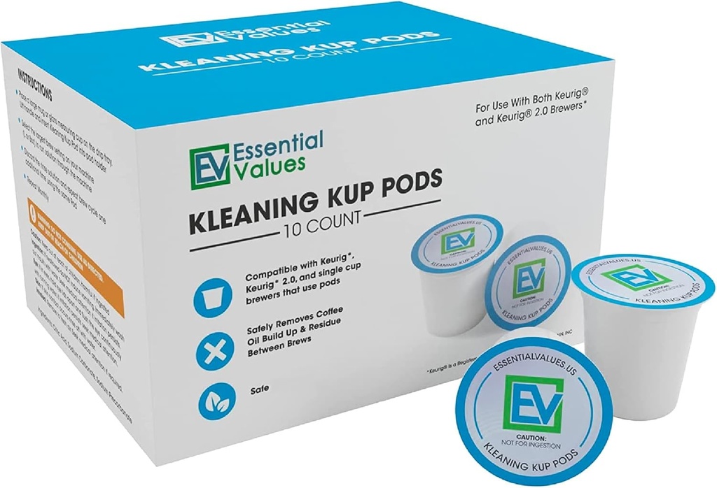 Essential Values Compatible with Keurig Descaling Solution Rinse Pods 10-Pack - Descaler for Coffee Machines, Pot Kit - Coffee Maker Cleaner Filter Pods
