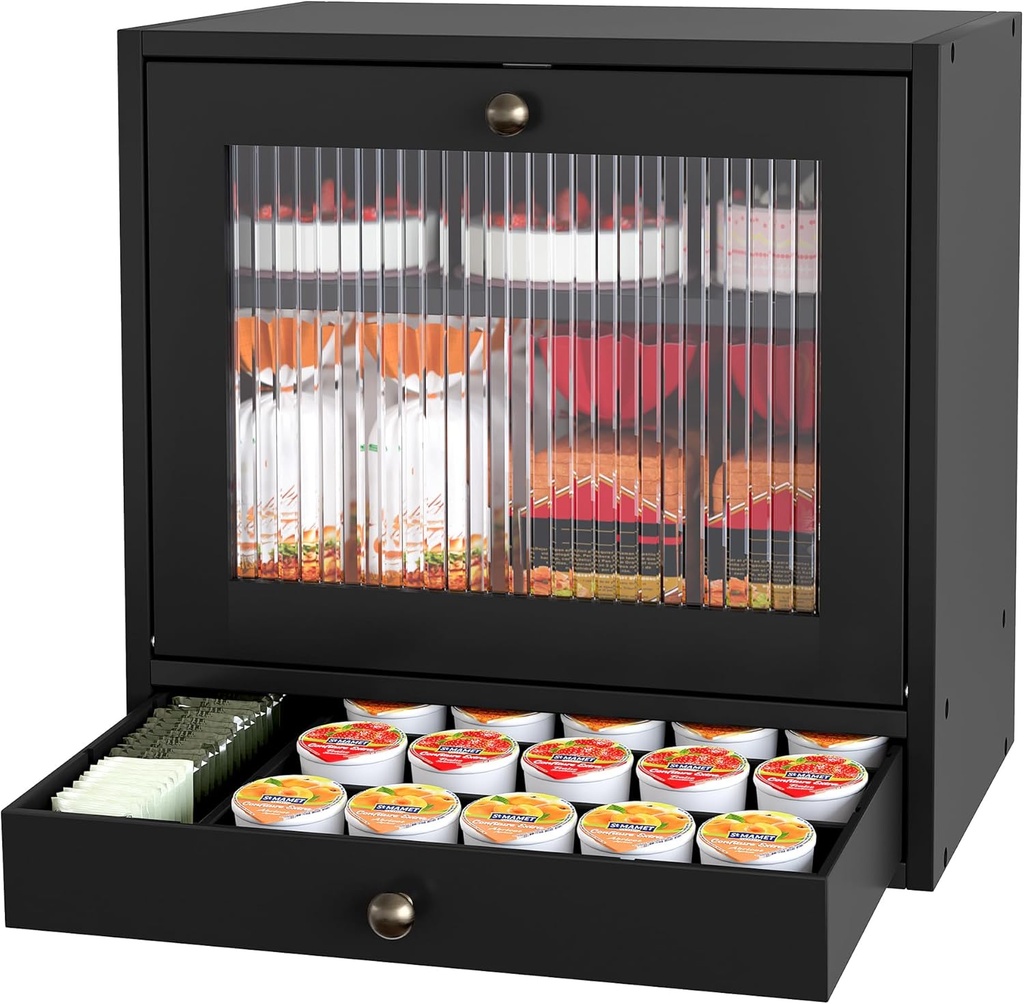 Wooden Bread Box for Kitchen Countertop - Solid Wood Adjustable Shelves & Drawer Farmhouse Style, Acrylic Window Bread Storage Container, Black