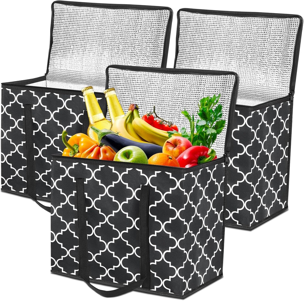 3Pack Insulated Reusable Grocery Bags Collapsible Food Delivery Bag Heavy Duty Large Shopping Bag Insulated Tote Bags Container with Zippered Top for Hot Cold Food Carrier Travel (Black)