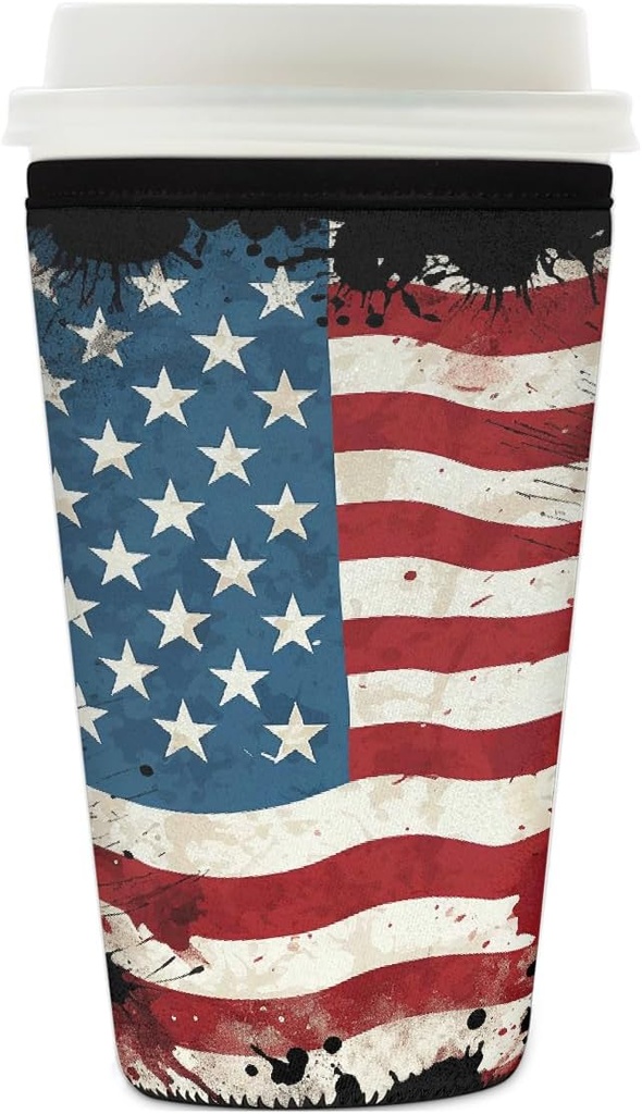 Vintage American Flag Pattern Reusable Iced Coffee Sleeve Neoprene Insulated Drink Holder, Washable Anti-Slip Cold Cup Sleeve for Tumblers Bottles Glasses 26-28oz