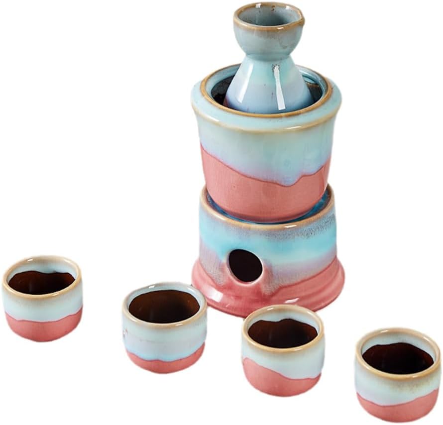 Japanese Sake Set With Warmer,7 Pc Traditional Glaze Ceramic Hot Saki Drink Set Kit,Japanese Traditional Sake Set and Cups,Home Wine Warmer Heated Wine Warmer red
