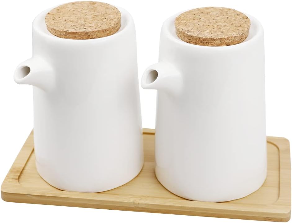 DOERDO 2Pcs Ceramics Oil Vinegar Dispenser Bottle Set, Olive Oil or Soy Sauce Dispenser Set, Olive Oil Decanter, Liquid Condiment Storage Can with Tray for Kitchen Cooking, 250ML
