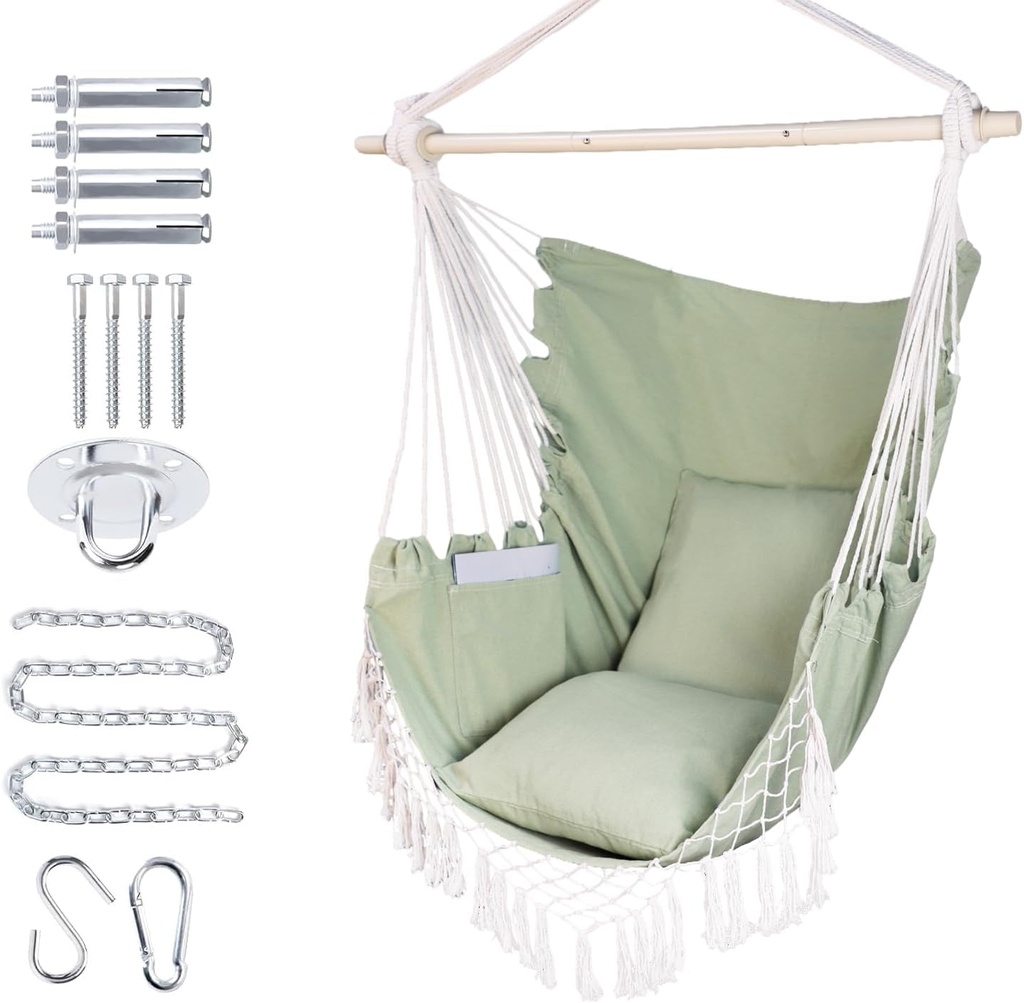 Hammock Chair Hanging Rope Swing Chair,Max 450 Lbs, Large Hanging Chair with Pocket, 2 Cushions, Steel Bar with Anti-Slip Rings, Hardware Kit Included, Comfortable for Indoor Outdoor (Green)