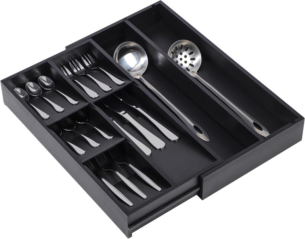 Bamboo Expandable Silverware Drawer Organizer Tray, Removable Dividers Kitchen Utensil Tray for Different Dimension Flatware, Spoons, Forks, Knives (Black,7 Slots)