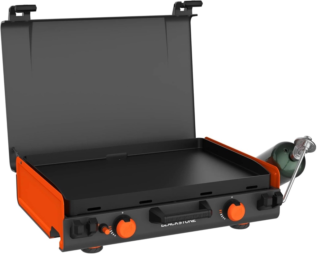 Blackstones Adventure Ready 20"x14" 2-Burner Propane Camping Griddle with Latching Hood, Portable Flat Top Grill for Outdoor Cooking, Adjustable Heat Control, Grease Management, RV & Tailgating Ready