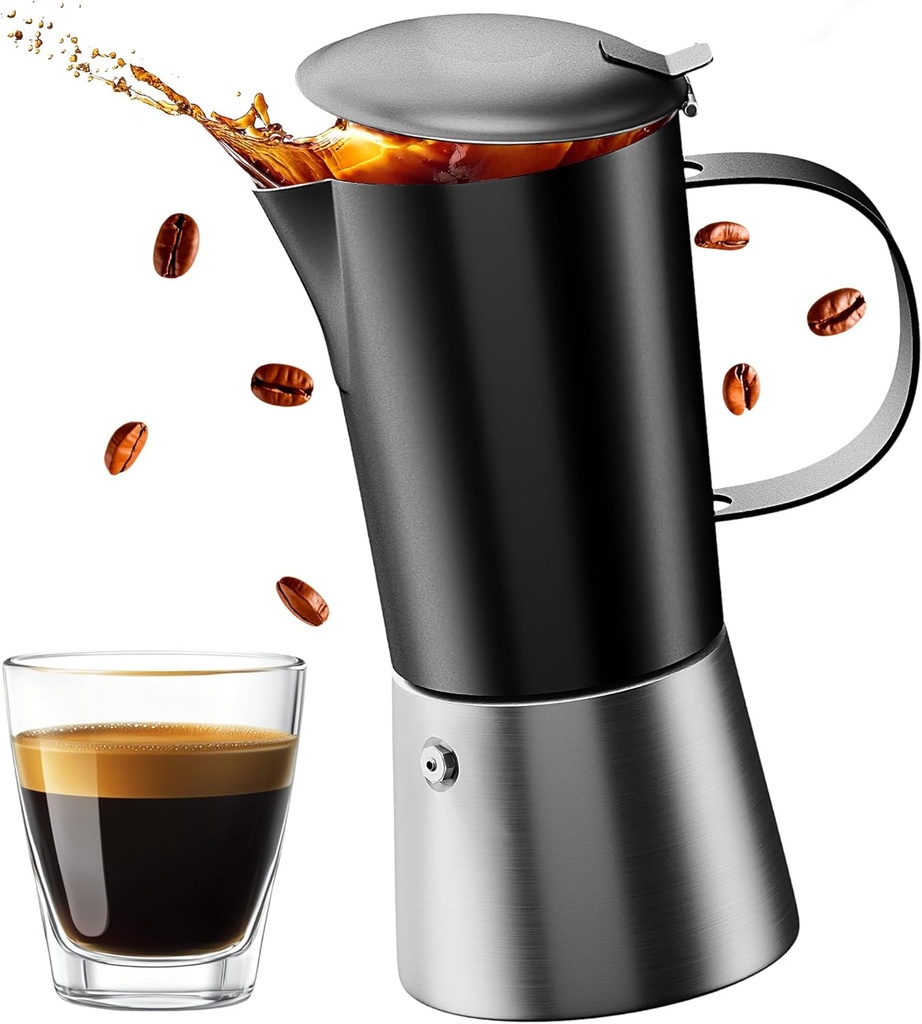 Stovetop Espresso Maker, Stainless Steel Moka Pot 6 Cup Espresso Maker (12 fl oz), Italian Coffee Pot, Compatible with Gas, Electric and Induction, Black & Silver Finish